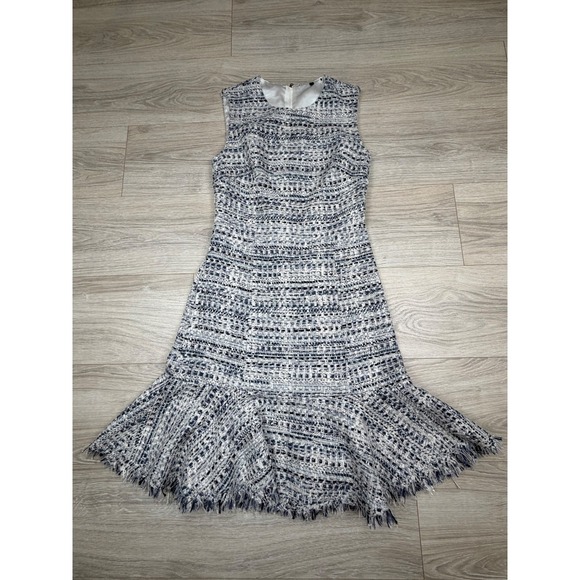 Kobi Halperin Dresses & Skirts - Kobi Halperin Blue White Tweed Sleeveless Flounce Fringe Hem Dress Size 0
